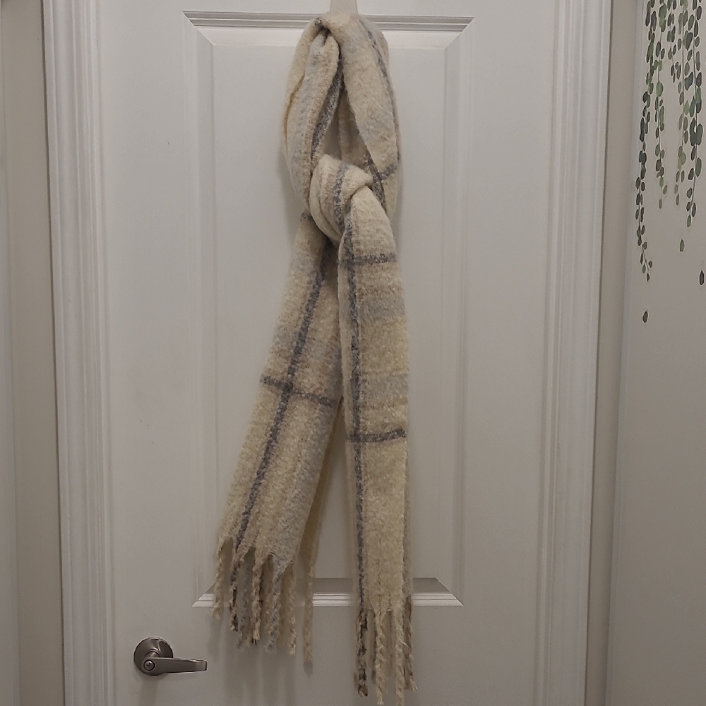 Plaid Cream and Gray Scarf With Cream Hat.